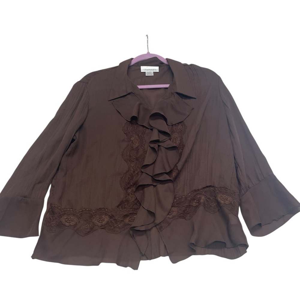 Chadwick’s women’s brown chiffon ruffle lace blouse boho witchy size 12
